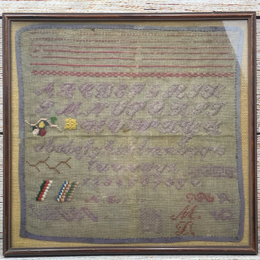 Antique Framed‎ Sampler Early Alphabet Needlepoint Embroidery Folk Art Decor